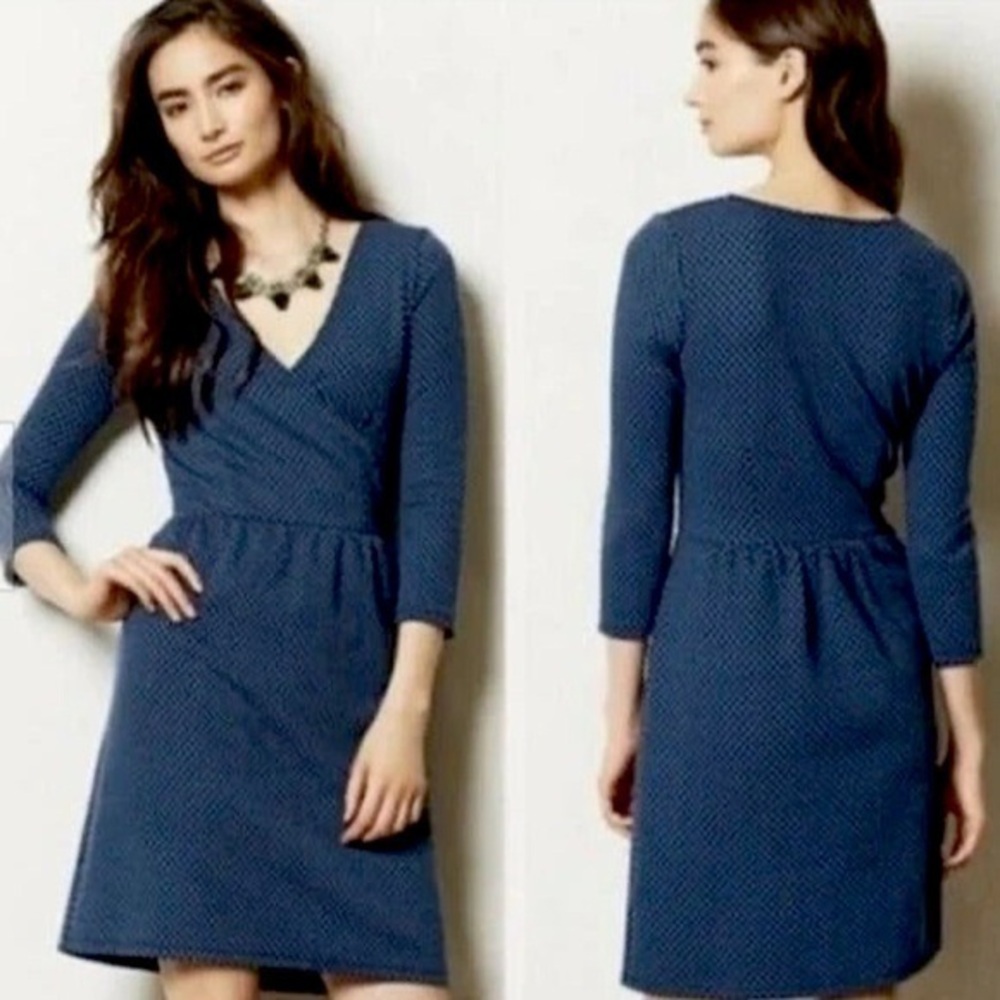 Anthropologie HD in Paris Textured Wrap Dress Blue dots small